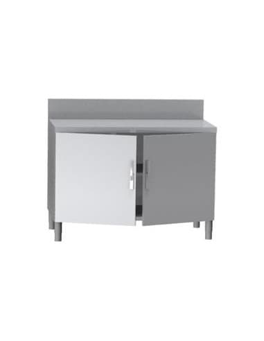 MEUBLE NEUTRE DESSUS INOX 304. 2 PORTES BATTANTES AVEC FERMETURE LOQUETEAU. DOSSERET INOX 150X50 MM L (en mm) : 1Â 200 - P (en mm