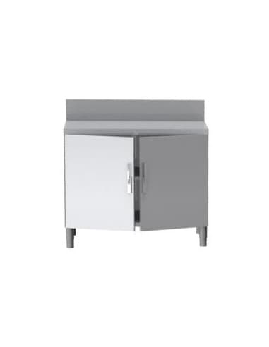 MEUBLE NEUTRE DESSUS INOX 304. 2 PORTES BATTANTES AVEC FERMETURE LOQUETEAU. DOSSERET INOX 150X50 MM ETAGERE INTERMEDIAIRE REGLAB