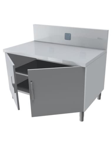 MEUBLE TRANCHEUR DESSSUS INOX. DOSSERET 250X50 MM AVEC 2 PRISES 230V INTEGREES. 2P.COULISSANTES ETAGERE INTERMEDIAIRE REGLABLE A
