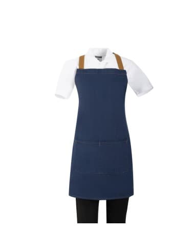 Tablier court croisé dans le dos Southside en denim bleu avec liens en cuir