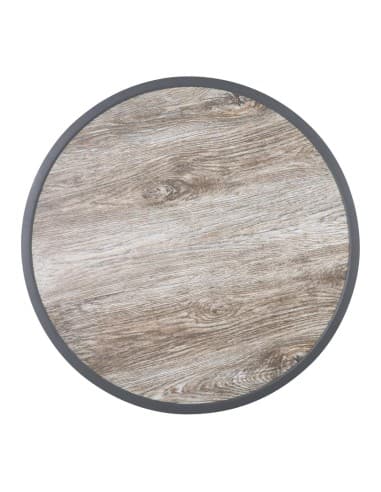 Plateau de table extérieur rond en verre trempé Bolero effet grain de bois bord gris 580mm