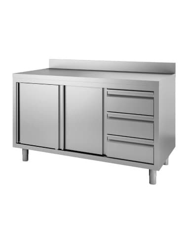 Table armoire inox avec dosseret 3 tiroirs à droite et portes coulissantes Gastro M 850/900x1800x700mm