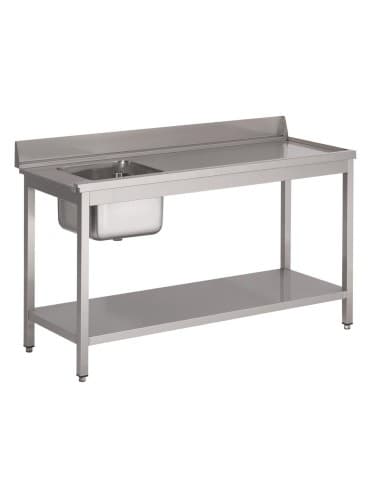Table d'entrée lave-vaisselle inox avec bac à gauche dosseret et tablette inférieure Gastro M 850x1400x700mm