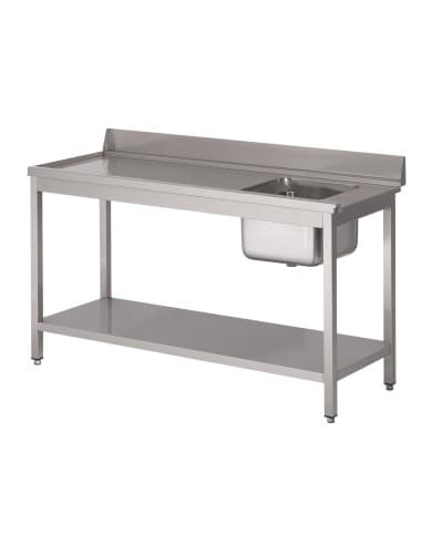 Table d'entrée lave-vaisselle inox avec bac à droite dosseret et tablette inférieure Gastro M 850x1400x700mm