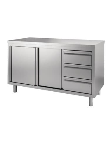 Table armoire inox avec portes coulissantes et 3 tiroirs Ă droite Gastro M 1400 x 700 x 850/900mm