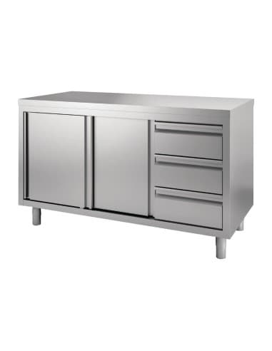 Table armoire inox avec portes coulissantes et 3 tiroirs Ă droite Gastro M 2000 x 700 x 850/900mm