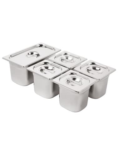 Ensemble de bacs GN 1/3 et 4 x 1/6 en inox avec couvercles Vogue