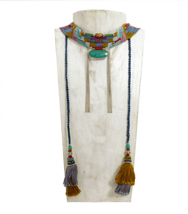 RAS DE COU TISSE TURQUOISE ET ARGENT.