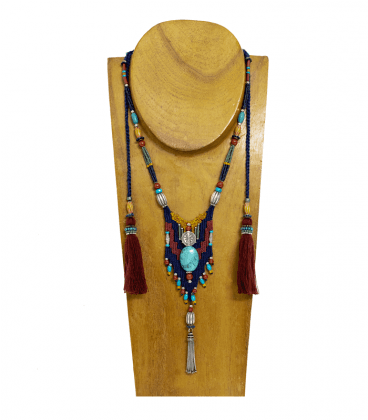 MAGNIFIQUE COLLIER TISSE ETHNIQUE-TURQUOISE -PERLES ET PONPONS ARGENT