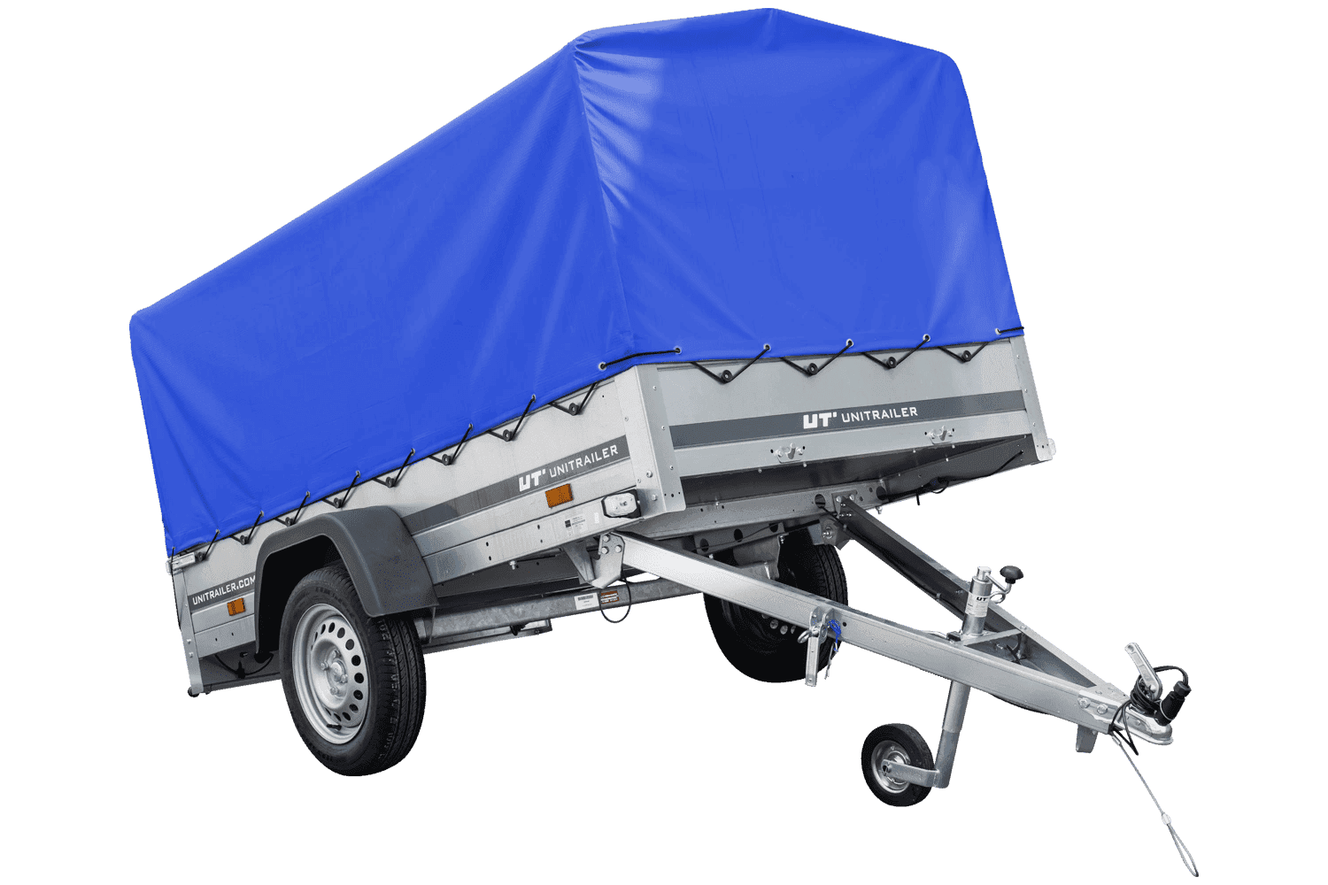 Auto Anhänger 230×125 Garden Trailer 230 KIPP Unitrailer 750 kg mit Stützrad, blauer Hochplane und Hochspriegel-Neu